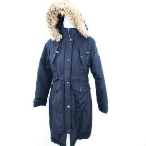 Rocawear Hooded Anorak Puffer Coat Jacket Black Large Women Faux Fur Hood Lining